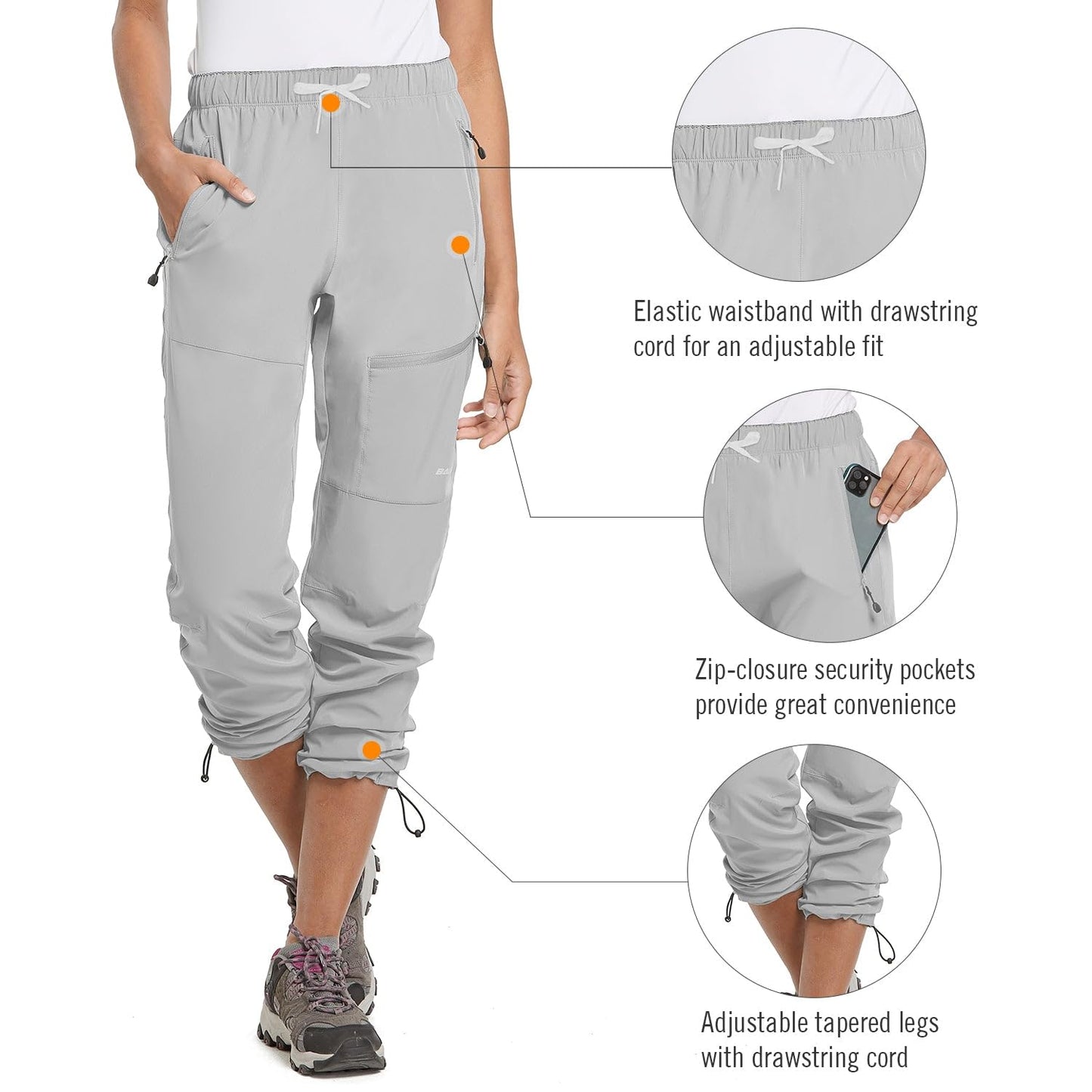 BALEAF Women's Hiking Pants Quick Dry Water Resistant Lightweight Joggers Pant for All Seasons Elastic Waist Glacier Gray Size XS