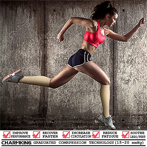 CHARMKING Compression Socks for Women & Men Circulation (3 Pairs) 15-20 mmHg is Best Athletic for Running, Flight Travel, Support, Cycling, Pregnant - Boost Performance, Durability (S/M, Nude)