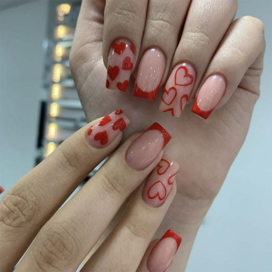 Valentines Day Press on Nails Short Square Fake Nails Valentines Red Heart False Nails With Love Designs Cute Stick on Nails Acrylic French Tip Artificial Glue Nails for Women Girls Nail Decorations