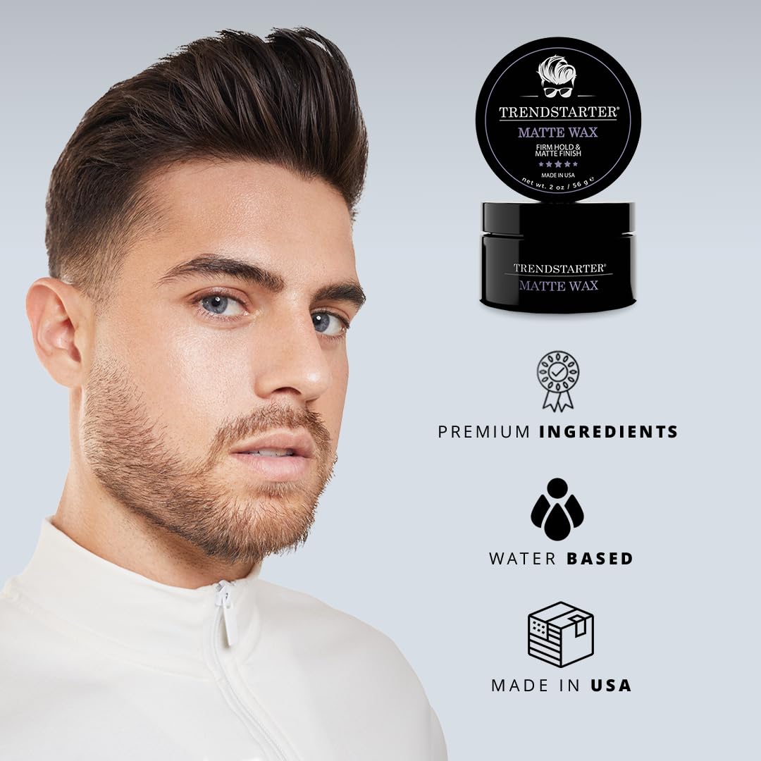 TRENDSTARTER - MATTE WAX (2oz) - Travel Size - Firm Hold - Matte Finish - Mens Hair Products – Premium Water Based All-Day Hold Hair Styling Pomade – Flake-Free Styling Wax for All Hair Types