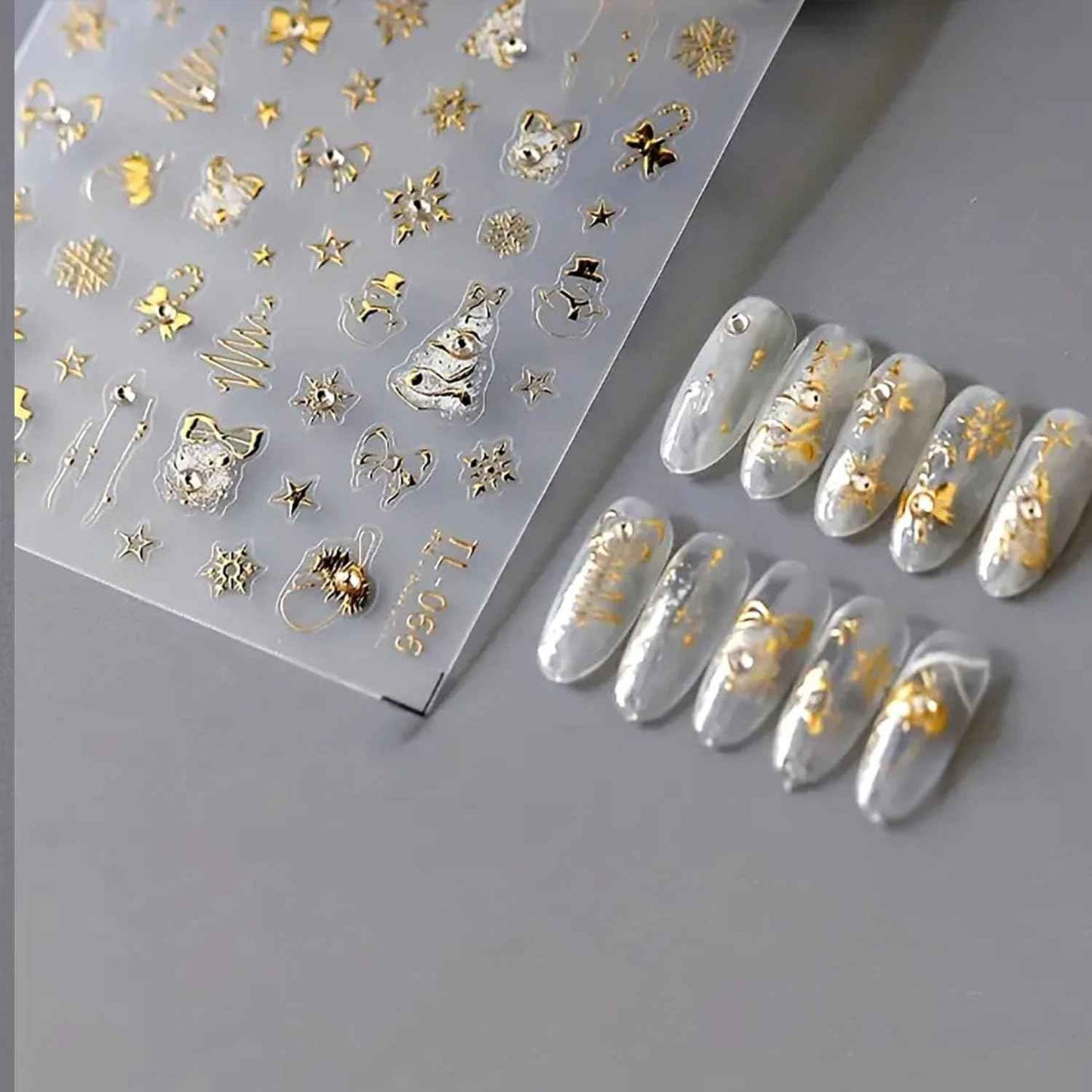 Christmas Nail Stickers Gold Nail Art Stickers Snowflake Snowman Nail Decals with Rhinestones Design Xmas Tree Bow Star Nails Art Decals 5D Embossed Winter Nails Decoration for Women