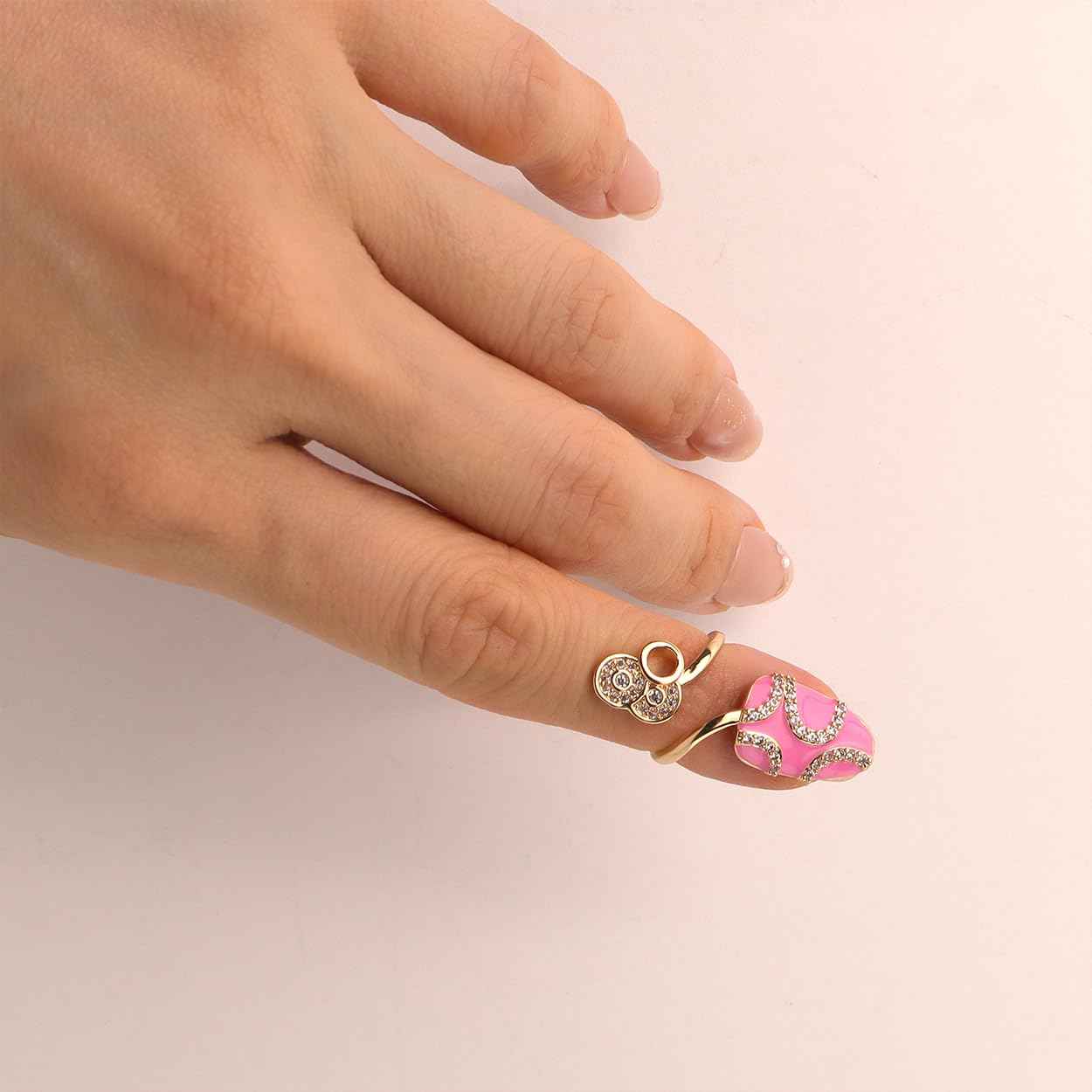 Jean Beau Pink Finger Nail Ring for Women Teen Art Round Rhinestones CZ Finger Cap Cover Tip Rings Gold Metal Nail Decoration Nail Protect Fashion Jewelry Gift