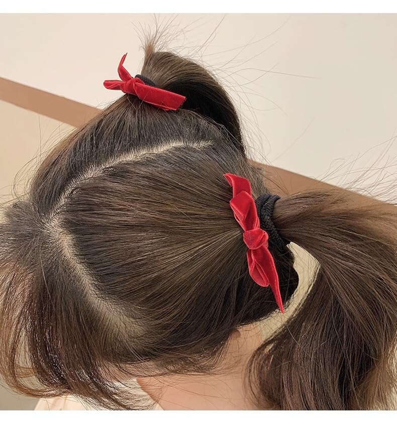 Velvet Hair Bows Clips Elastic Hairbow Ties Toddler Girls Red Ponytail Holder Ribbon Decor Accessories 4.5inch for School Kids Women Xmas Valentines Gift