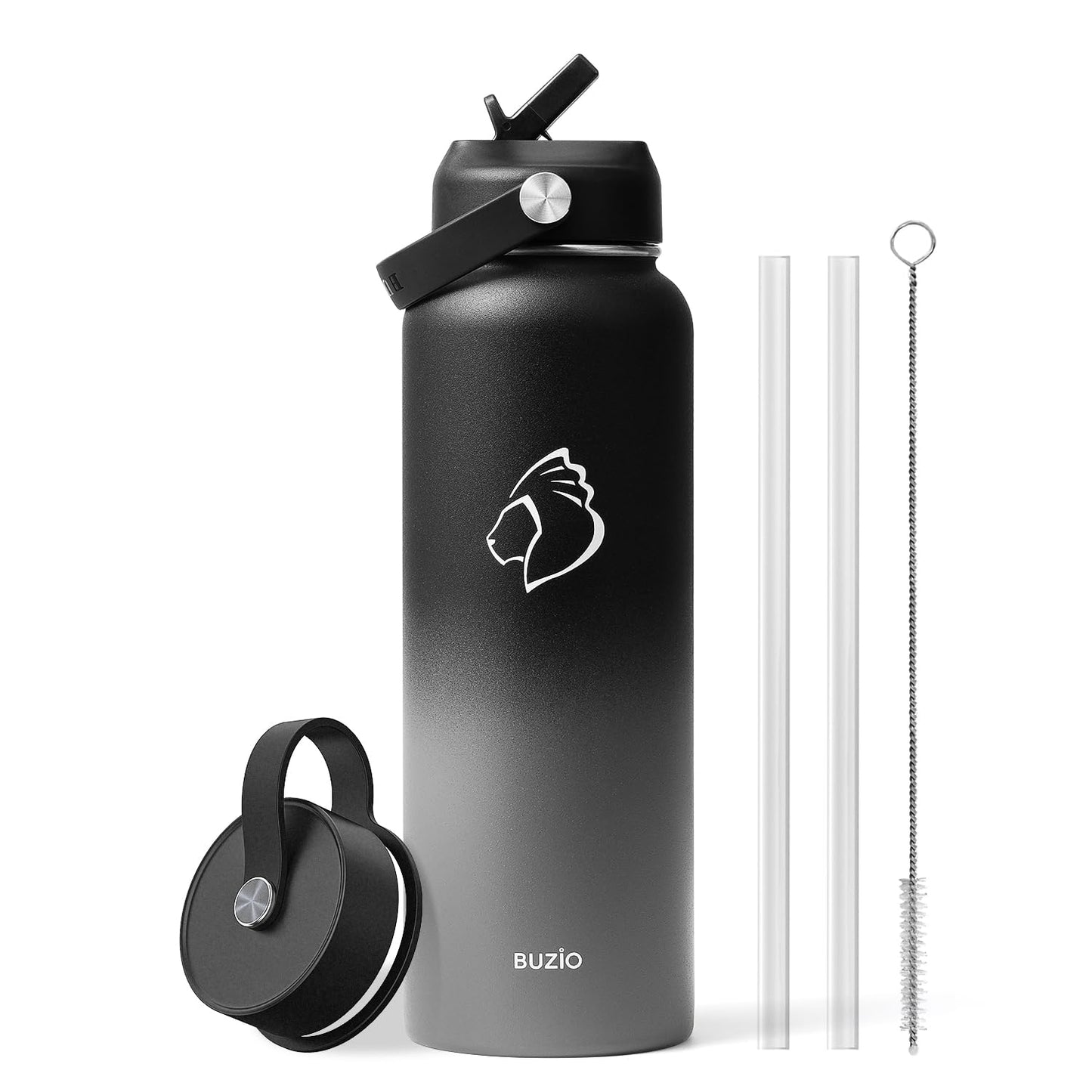 BUZIO Insulated Water Bottle with Straw Lid and Flex Cap, 40oz Modern Double Vacuum Stainless Steel Water Flask, Cold for 48 Hrs Hot for 24 Hrs Simple Thermo Canteen Mug