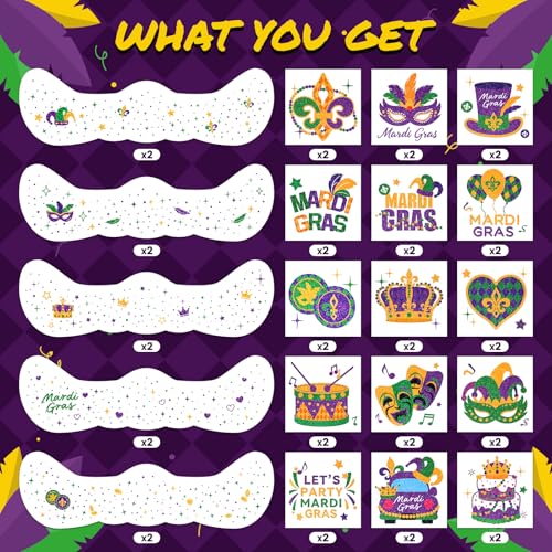Mardi Gras Glitter Temporary Tattoos - 40 Piece Face & Body Stickers