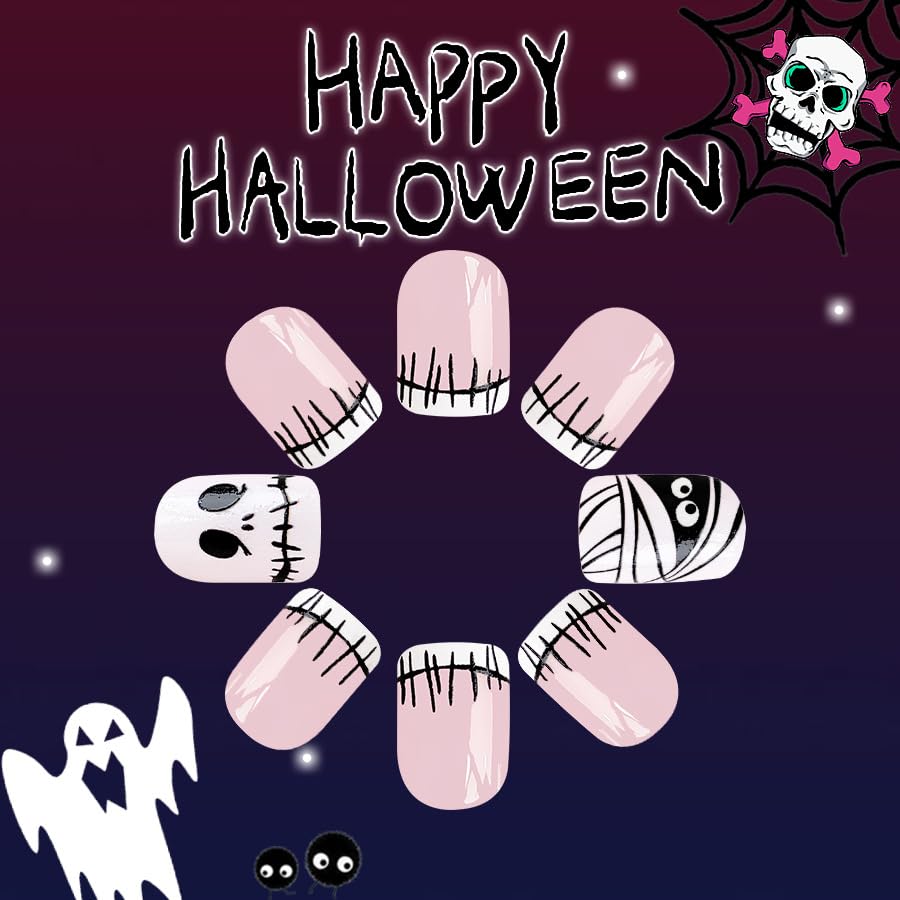 Halloween French Tip Press on Nails Short Square Fake Nails, Pink Press on Nails with Mummy Designs Halloween Glue on Nails Full Cover False Nails Halloween Nails for Women 24Pcs