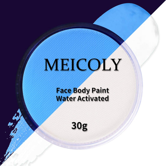 MEICOLY Neon Face Paint,Glow in The Dark Body Paint,Fluorescent Water Activated Face Paint for Adult and Children,Halloween Single Color White Face Paint Water Based Split Cake,1.05oz,White/UV Blue