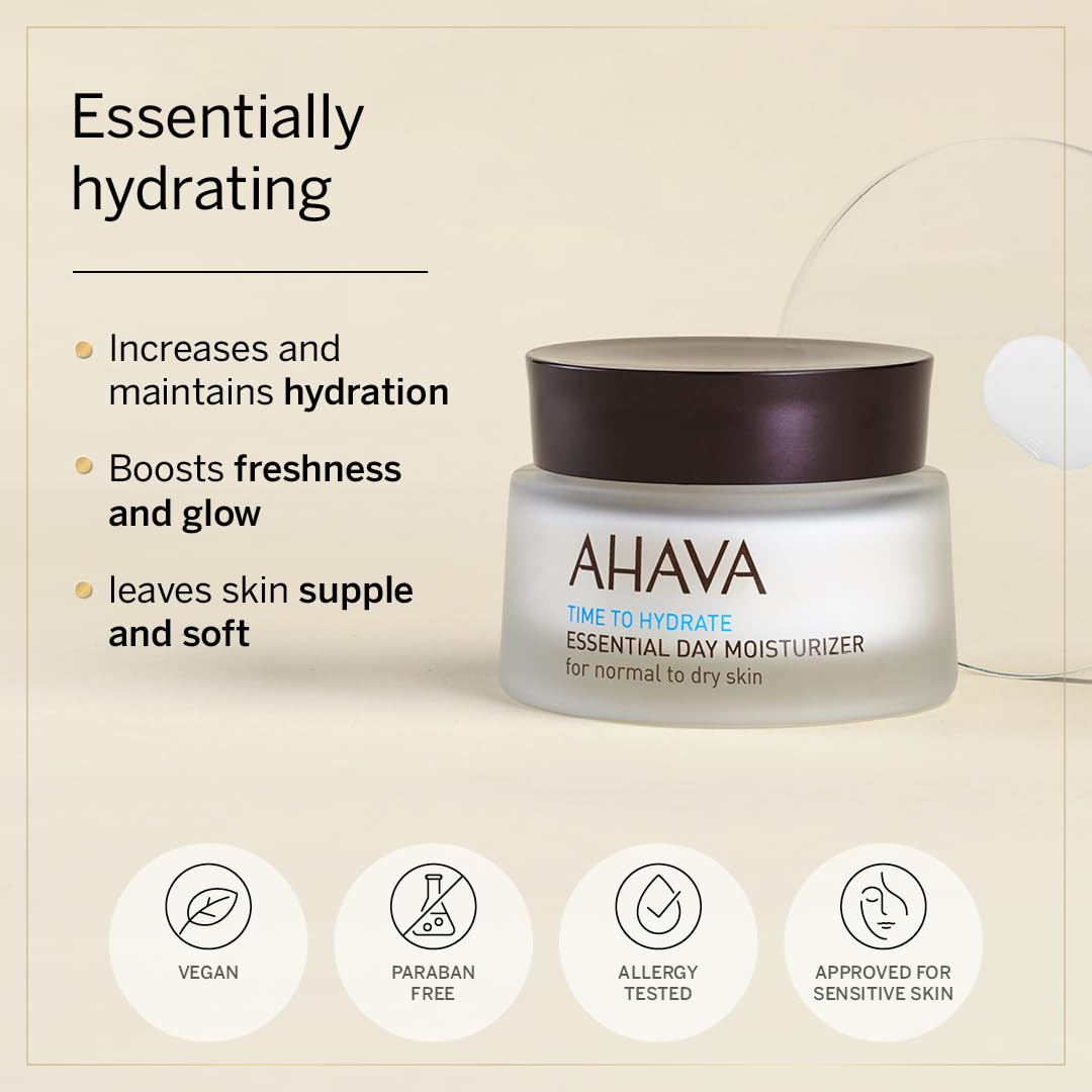 AHAVA Essential Day Moisturizer, Normal to Dry Skin - Essential Daily Hydrating Facial & Neck Cream, Anti-Aging & Smoothing Effect, Enriched with Osmoter, Aloe Vera, Allantoin & Vitamin E, 1.7 Fl.Oz