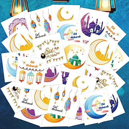HOWAF 30pcs Eid Mubarak Party Favors Temporary Tattoos, Ramadan Kareem Themed Face Tattoos for Kids with Star Moon Castle Patterns for Eid Party Decorations, Ramadan Mubarak Fake Tattoos