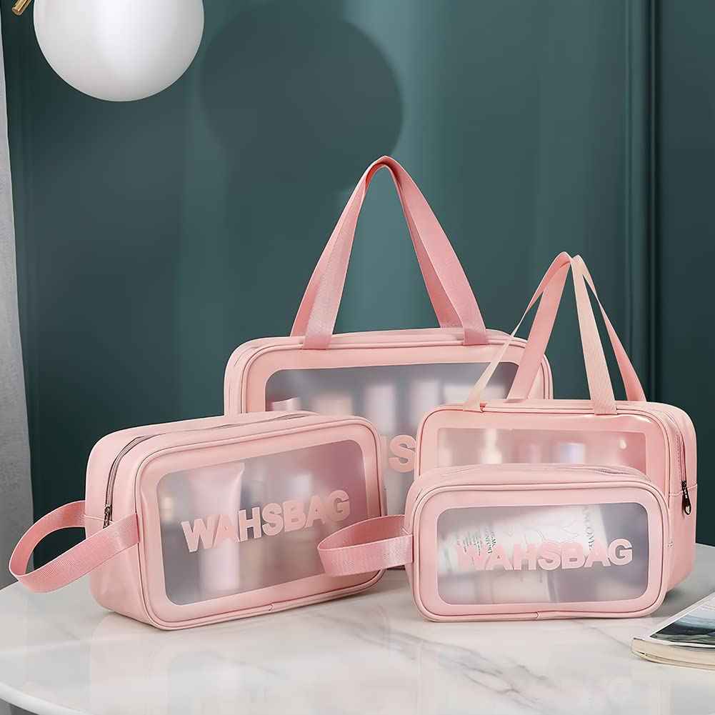 Aucuu 5PCS Clear Toiletry Bags, Wash Bag, Clear PU Makeup Bag, Waterproof Toiletry Travel Bag with Zipper Handle, Portable Airport Cosmetic Bag for Travel Bathroom Men Women (Pink)