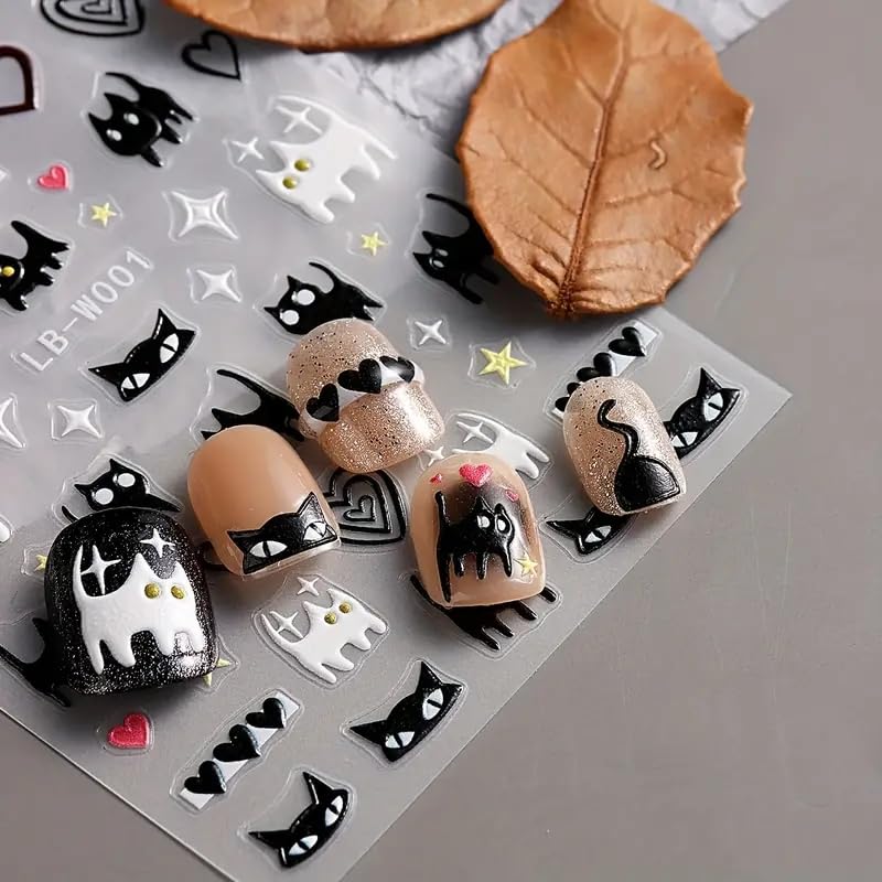 Cute Nail Art Stickers Cute Cat Self-Adhesive DIY Nail Decals Black White Cat Nail Stickers for Nail Art Kawaii Cat Nail Art Decals Heart Nail Art Design Decoration for Women Nail Decorations 2PCS