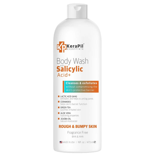 Exfoliating Body Wash With Salicylic Acid - Gentle Exfoliates Rough and Bumpy Skin, KP and Acne, with BHA & AHA - Unscented Body Wash, Made in USA - (16 fl oz)