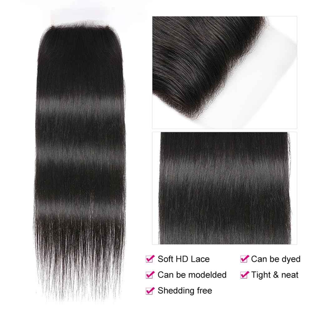 5x5 Lace Closure Human Hair Straight Closure Hd Transparent Lace Front Pre Plucked with Baby Hair Free Part 12A Virgin Human Hair Lace Frontal Natural Black Color 12inch