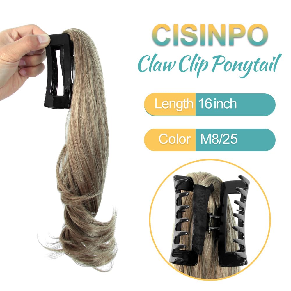 CISINPO Ponytail Extensions 16 Inches, Short Claw Clip Ponytail Extension 16", Mixed Color Wavy Ponytail Hairpiece