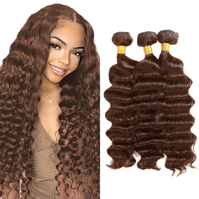 #4 Brown Deep Wave Human Hair Bundles 24 26 28 Inch