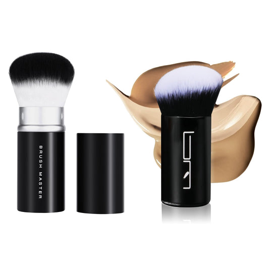 Brush Master 2pcs Retractable Foundation Makeup Brush, Kabuki Brush For Powder, Blush, Bronzer, Concealer, Portable Brush Cover, Perfect for Travel(Black)