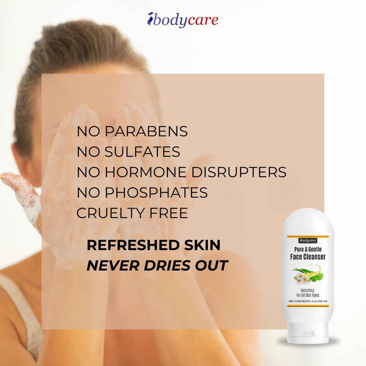 ibodycare Aloe Chamomile Face Cleanser for Sensitive Skin, Sulfate Free, Paraben Free, Fragrance Free, Daily Face Wash, Gentle Natural Cleanser for Women and Men, 4 oz (2 Pack)