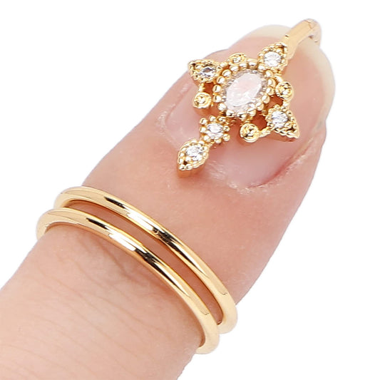 Rhinestone Finger Tip Nail Ring Women Finger Nail Ring Stylish Adjustable Opening Nail Art Charms Accessories for Fingernail Protect(Gold)