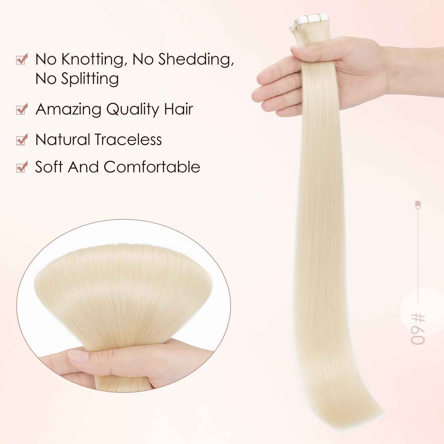 Human Hair Tape in Extensions-Double Stitched,SLEEKALON Free-cut Mini Tape ins Real Hair Extension Platinum Blonde Invisible Seamless Straight Double Side Tape Hair Extension-18 Inch,20pcs 50g,#60