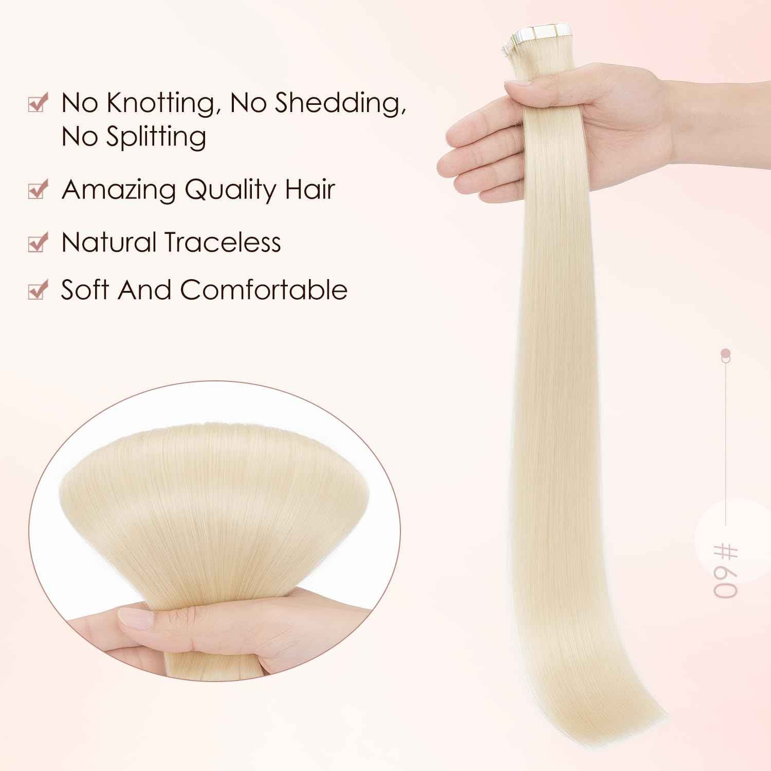 Human Hair Tape in Extensions-Double Stitched,SLEEKALON Free-cut Mini Tape ins Real Hair Extension Platinum Blonde Invisible Seamless Straight Double Side Tape Hair Extension-18 Inch,20pcs 50g,#60