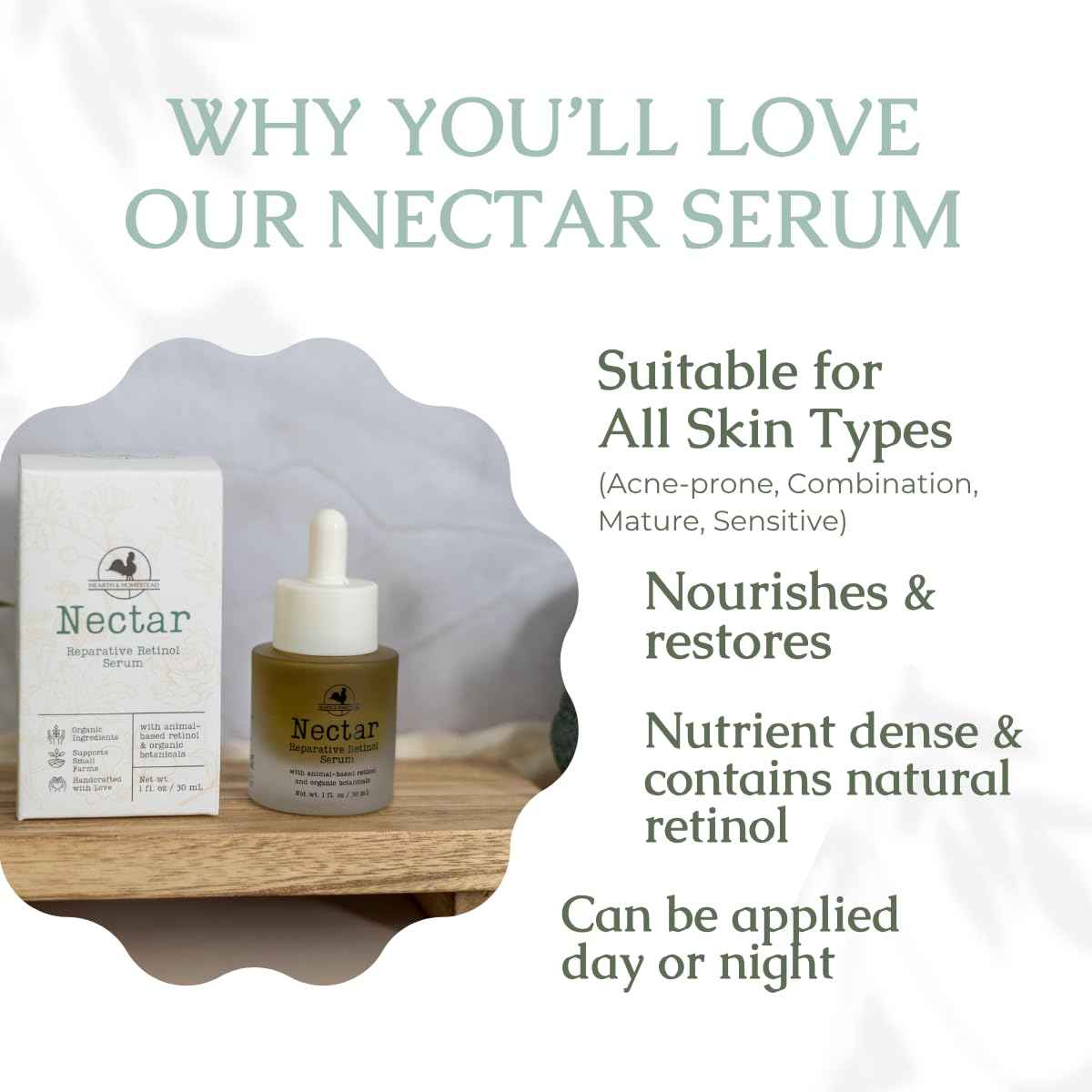 Nectar Natural Retinol Serum by Hearth & Homestead – Fermented Cod Liver Oil, Grass-Fed Tallow & Emu Oil – Nutrient-Rich Facial Oil for Smooth, Healthy Skin – 1 fl oz