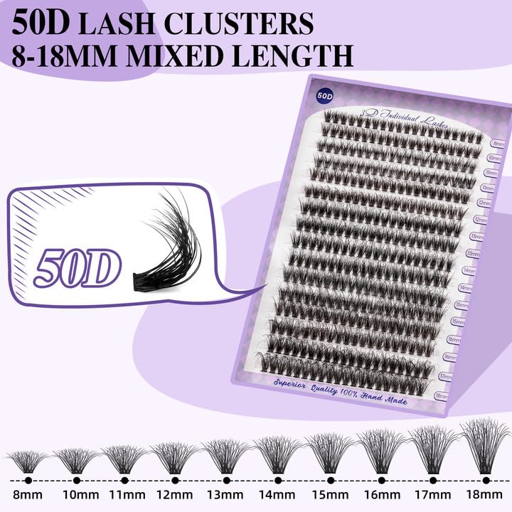 Lash Extensions Kit for Beginners 3D Eyelash Extension Kit 320pcs 50D Lash Clusters Kit 8-18 Mixed Lash Kit Fluffy Individual Lashes Kit with Lash Bond Seal Remover(50D-8-18MIX)