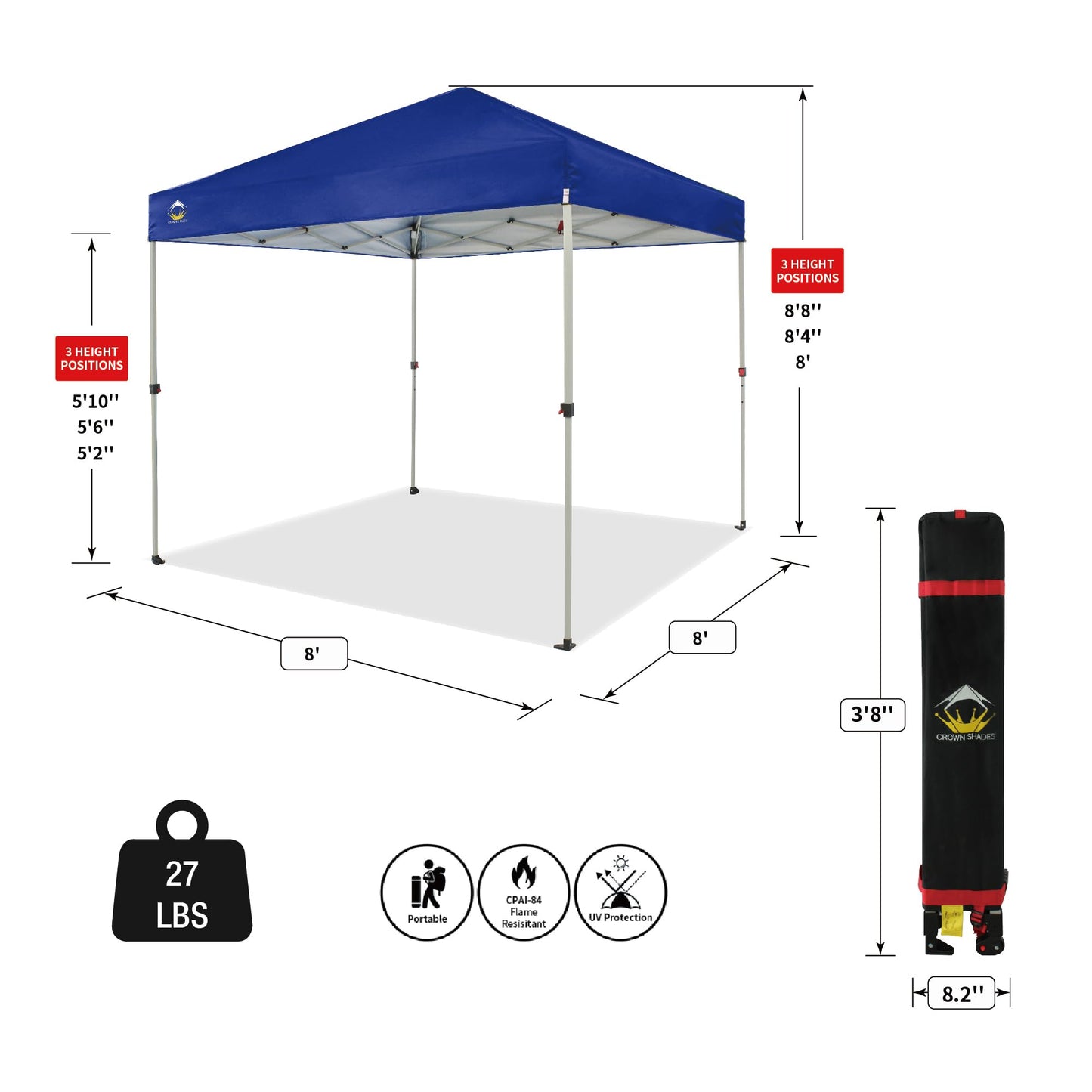 CROWN SHADES 8x8 Pop Up Canopy, Patented Center Lock One Push Instant Popup Outdoor Canopy Tent, Newly Designed Storage Bag, 8 Stakes, 4 Ropes, Silver-Coated Navy Blue