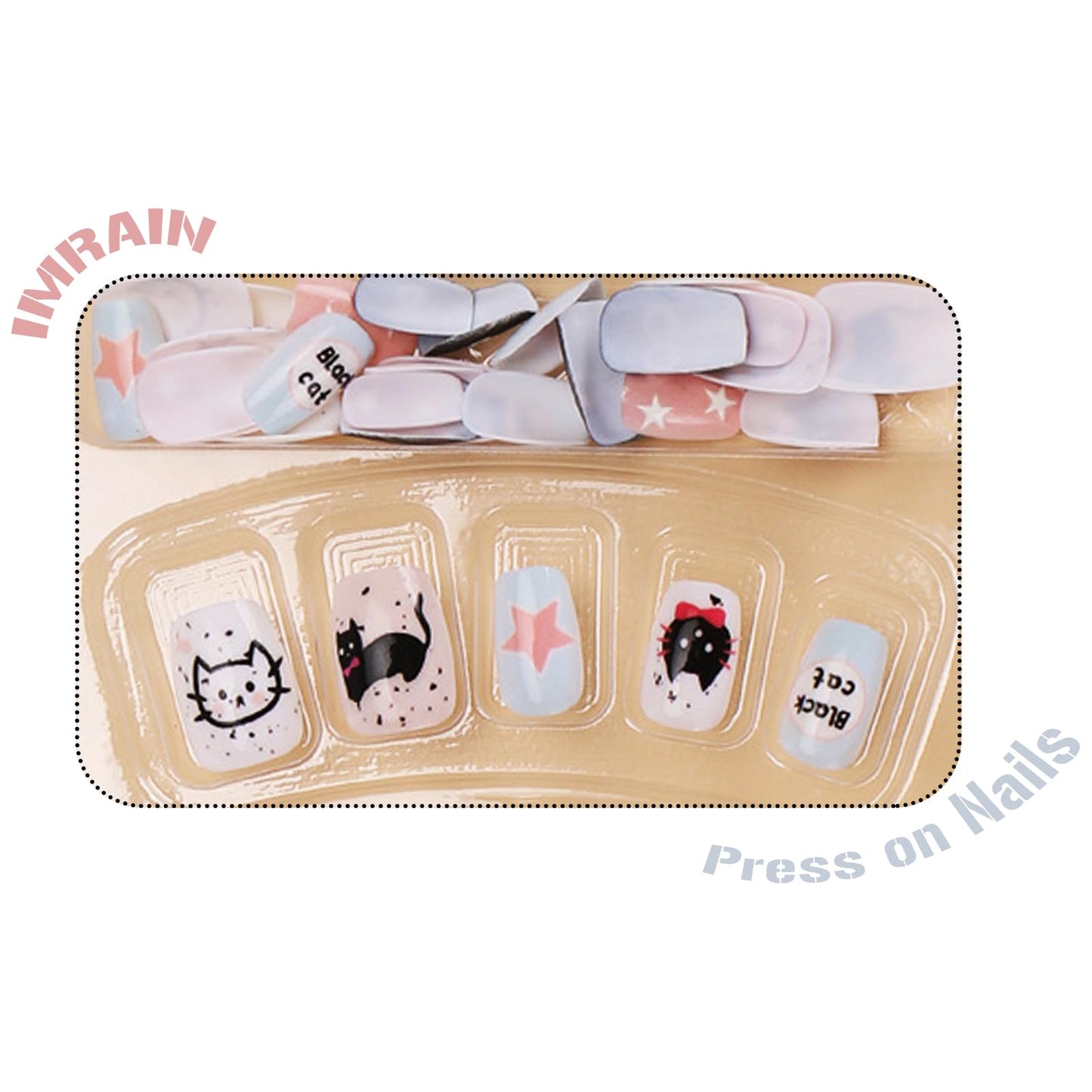 IMRAIN Press on Nails Short Square Fake Nails Glossy Gel Glue on Nails Squoval Acrylic Blue Pink Artificial False Nails with Cat Designs Cute Stick on Nails Kit for Women Girls 30Pcs