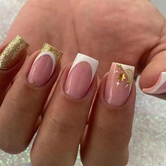 Glitter Gold Press on Nails Medium Square French Tip Fake Nails With Star Moon Pattern Design Fake Nails Cute Artificial Nails Glossy Glue on Nails Full Cover Stick on Nails Art Nail for Women 24Pcs