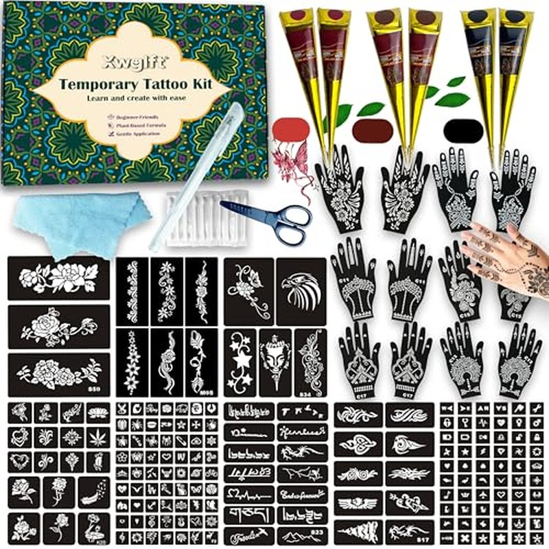 191-Piece Temporary Tattoo Stencils Kit with 6 Tattoo Cones