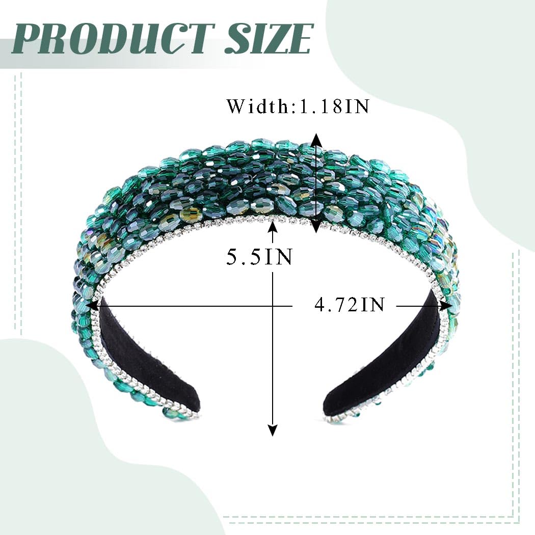 Hermoli Rhinestone Fashion Headband Beads Padded Wide Hairband Green Beaded Glitter Shine for Women Girls (Bead 2)