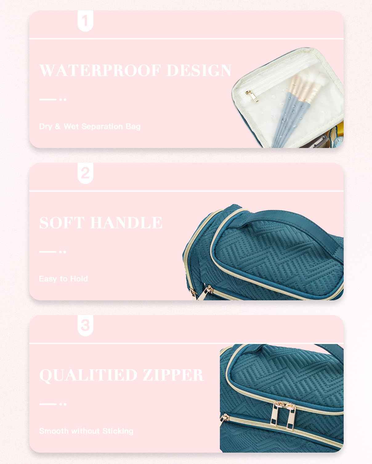 Telena Travel Toiletry Makeup Bag - Multifunctional Cosmetic Organizer Pack,Water Resistant Essentials for Women, Portable Foldable Toiletries Kit, Dry and Wet Separation, Large Capacity, Black Green