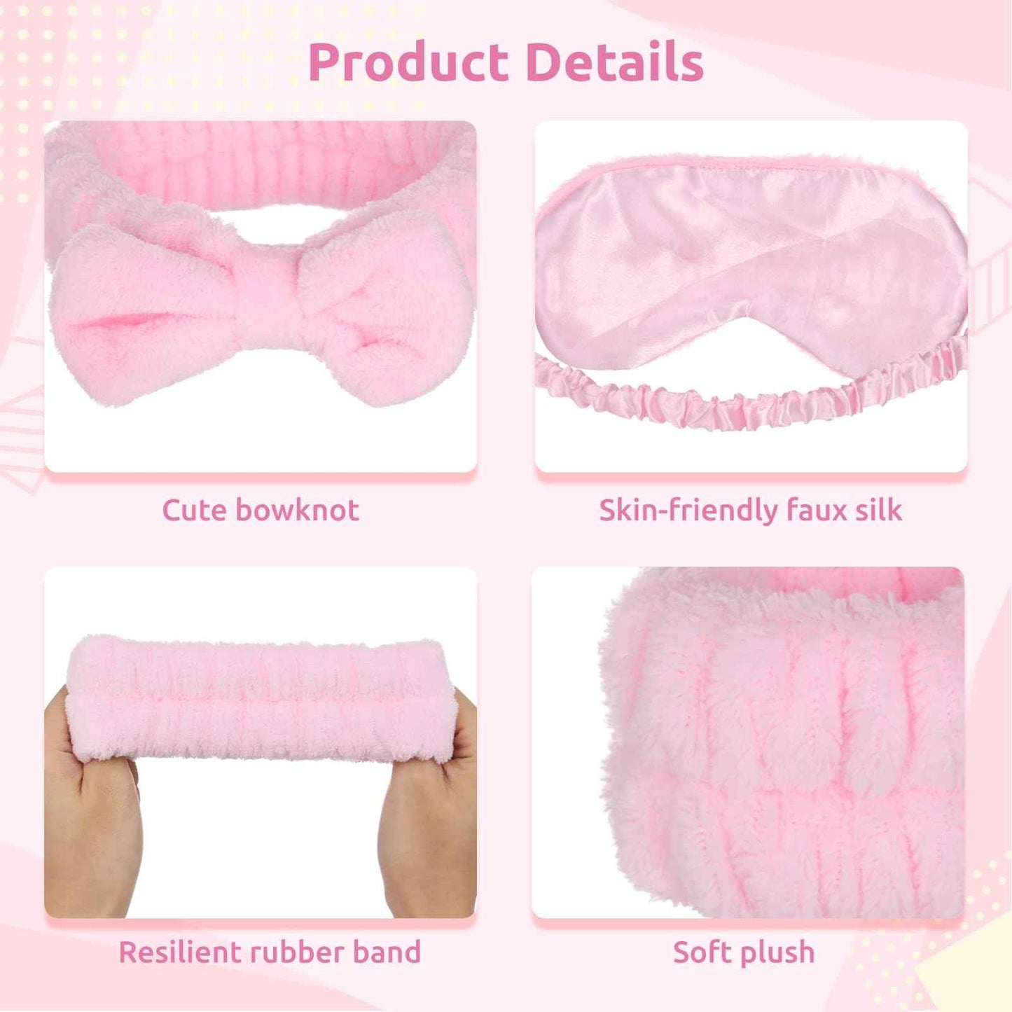 Lnrueg 48Pcs SPA Kit-12Pcs Spa Headband Bow + 24 Wrist Washband + 12 Sleep Eye Masks, Pink Party Supplies for Girls Women Birthday Sleepover Party Favors