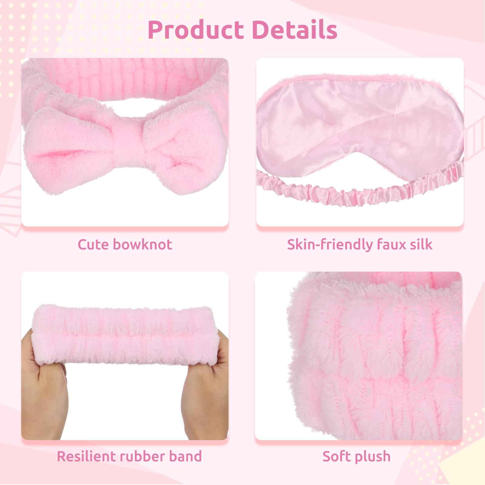 Lnrueg 48Pcs SPA Kit-12Pcs Spa Headband Bow + 24 Wrist Washband + 12 Sleep Eye Masks, Pink Party Supplies for Girls Women Birthday Sleepover Party Favors