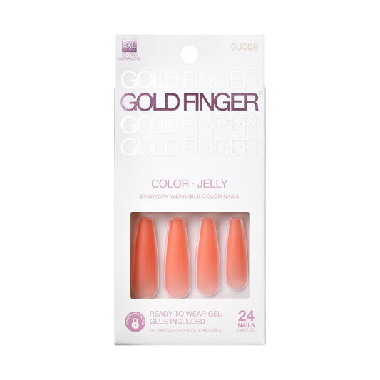 GoldFinger False Nails Kit, Jelly Color Ready to Wear Matte Orange Fake Nails, Manicure Stick and Glue Included, XX-Long Length, Coffin Shape, Long-Lasting Hottest Trend Glue on Nails