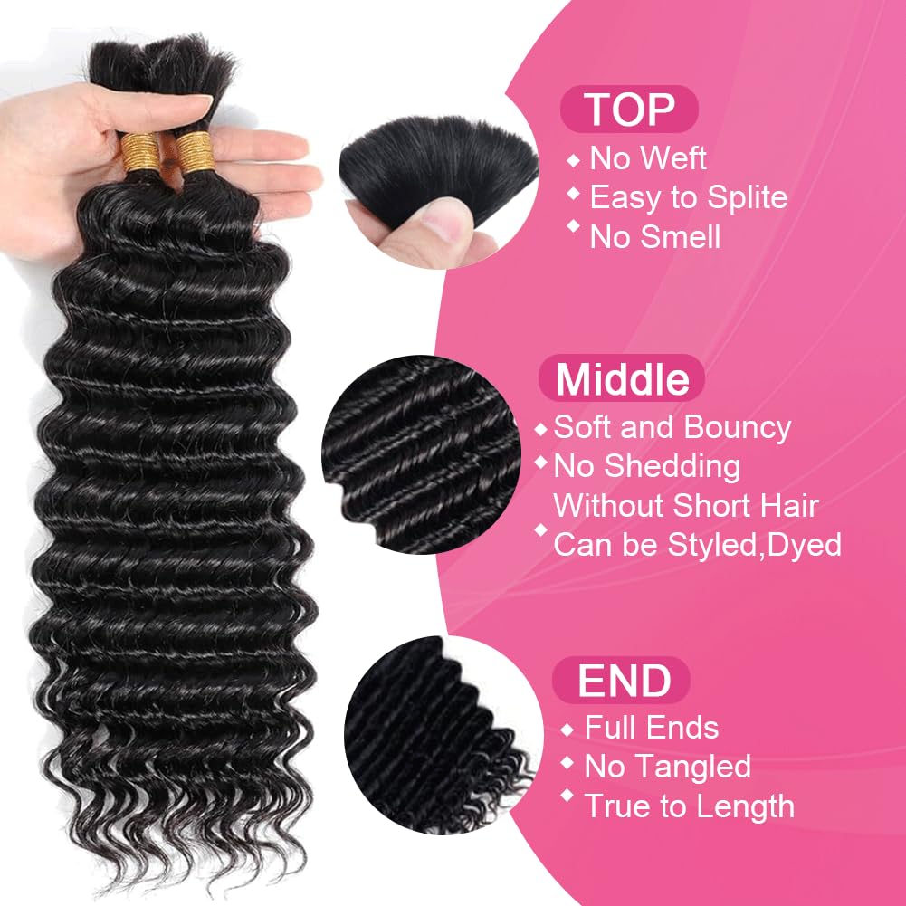 Human Braiding Hair for Boho Braids Curly Bohemian Deep Wave Bulk Human Hair for Braiding Hair Boho Knotless Braids 2 Bundles 100g Wet and Wavy 100% Human Hair Extensions No Weft Natural Color