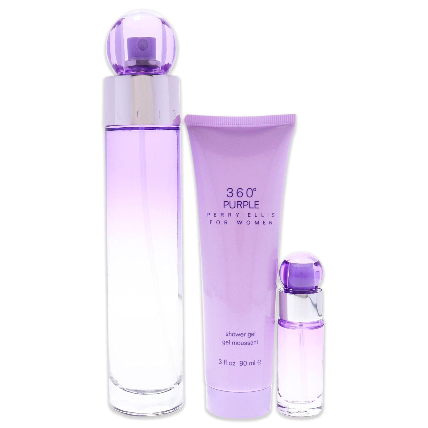 Perry Ellis 360 Purple Women 3.4oz EDP Spray, 0.25oz EDP Spray, 3.0oz Shower Gel 3 Pc Gift Set