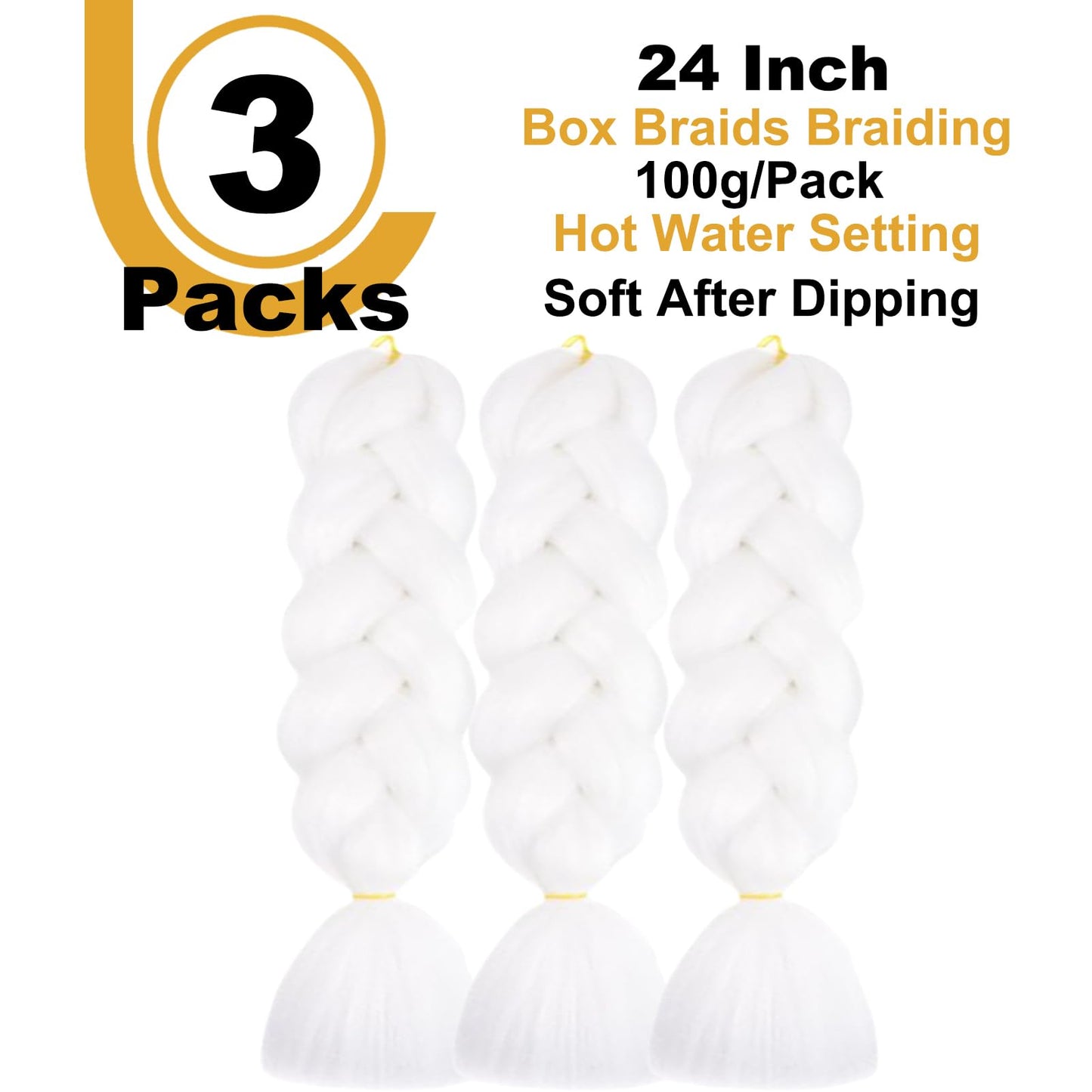 FYRLNA 3 Packs 24 Inch Jumbo Braiding Hair Soft High Temperature Resistance Synthetic Hair Extensions for Women 24 Inch Ombre Jumbo Braiding Hair Twist Crochet Braids Hair (24 Inch (Pack of 3), white(60#))