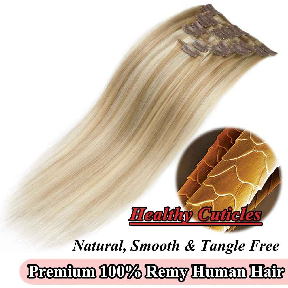 MY-LADY Clip in Hair Extensions Real Human Hair Light Blonde & Golden Blonde 14 Inch 60g Remy Hair 8pcs Weft Balayage Full Head Silky Natural Straight for Women
