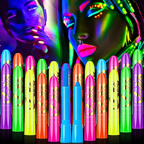 Glow in the Dark Face Paint Crayons - 24 Neon UV Body Makeup Set