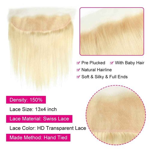 613 Frontal Straight 13x4 Transparent HD Lace Frontal Closure Ear To Ear Blonde 2A Brazilian Virgin Remy Human Hair Extension 100% Russian Blonde Human Hair for Women Pre Plucked 12 Inch