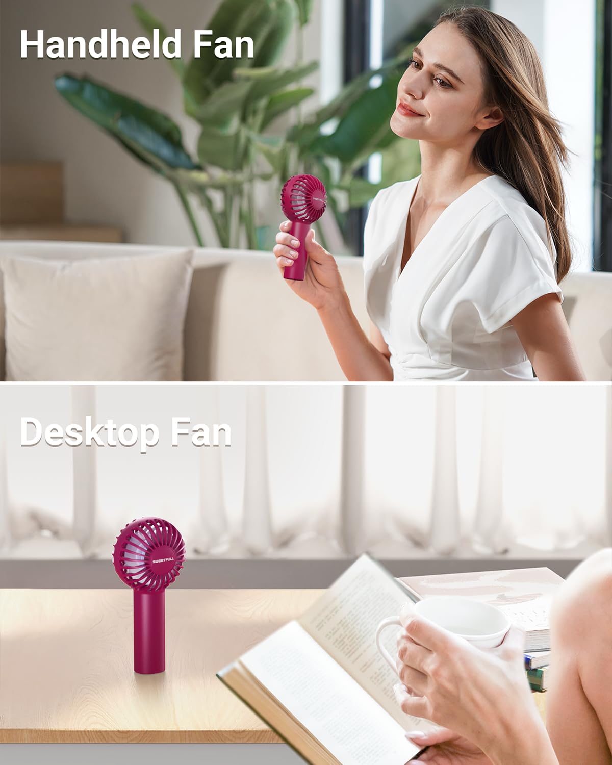 SWEETFULL Mini Portable Fan Powerful Handheld Fan Rechargeable,3 Speeds Personal Small Hand Fan for Travel Makeup Eyelash Fan for Stylish Kids Girls Women USB Cute Design Red