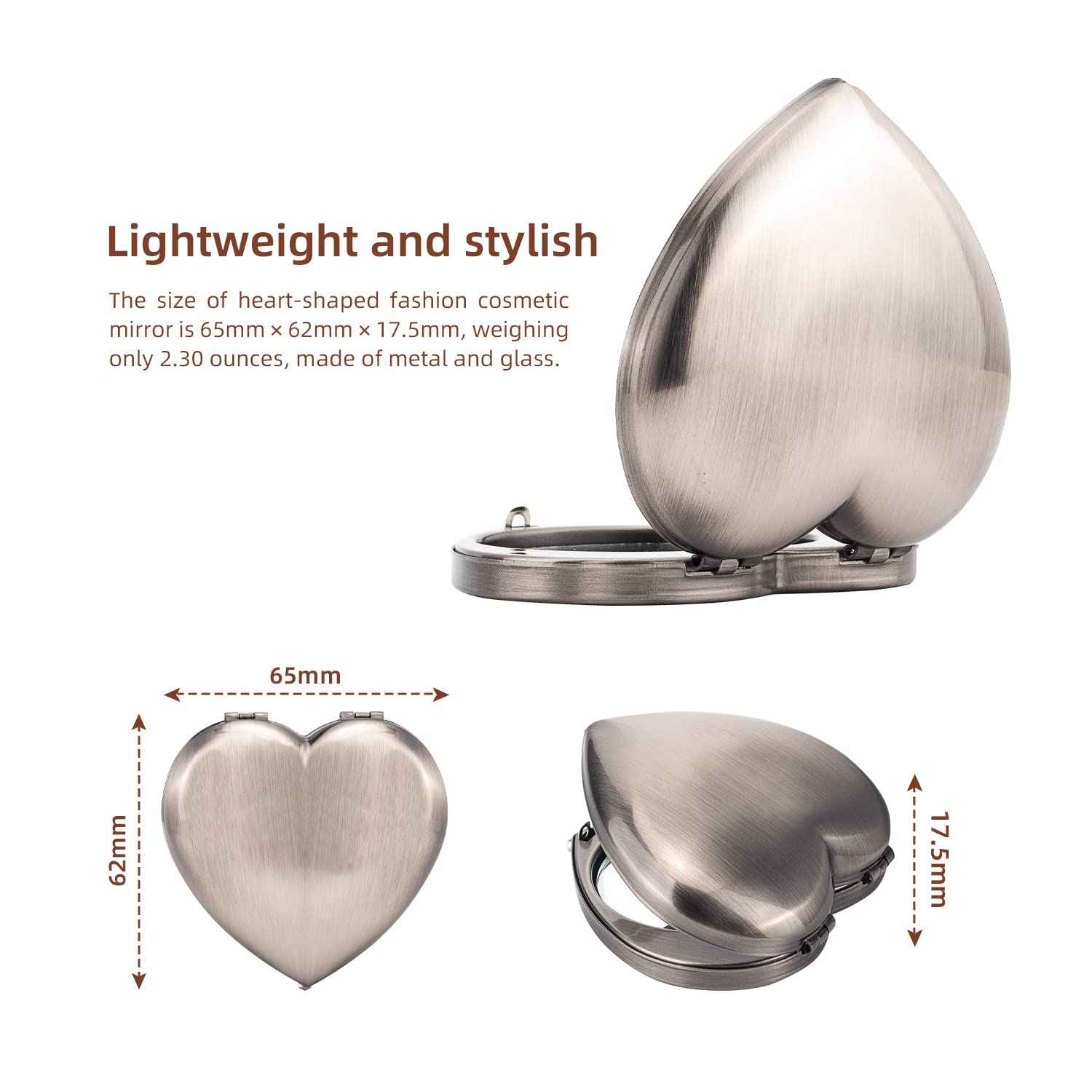 EYIDADAE Mini Vintage Heart Elegant Metall Makeup Mirror, Portable 1X/2X Magnifier (Silver)