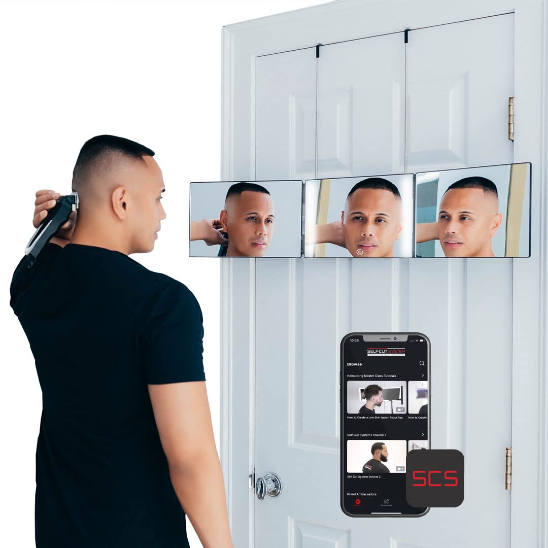 Self-Cut System - 3 Way Mirror for Self Hair Cutting with LED Lights - Barber Mirror - Trifold Mirror - Three Way Mirror - 360 Mirror for Self Haircuts