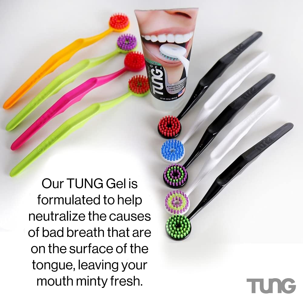 Tung Tongue Brush & Gel Kit | Tongue Cleaner for Adults | Tongue Scraper to Fight Bad Breath and Halitosis | Mouth Odor Eliminator | Fresh Mint | Made in America (Set of 1)