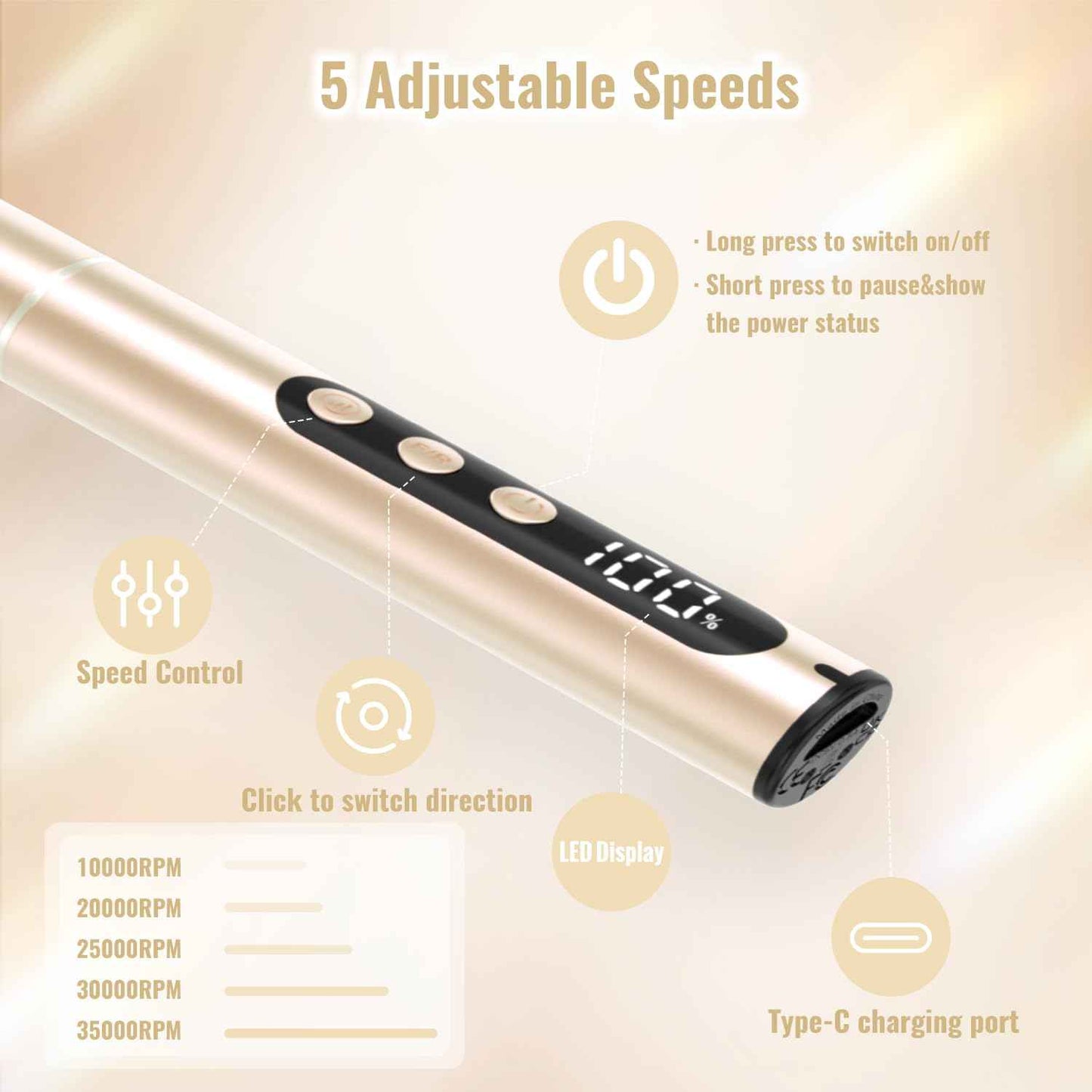 Denabuty Electric Nail Drill Cordless, 35000RPM Portable Electric Nail File with LCD Display and 12 Nail Drill Bits for Acrylic & Gel Nails, Professional Manicure & Pedicure Kit Set Golden