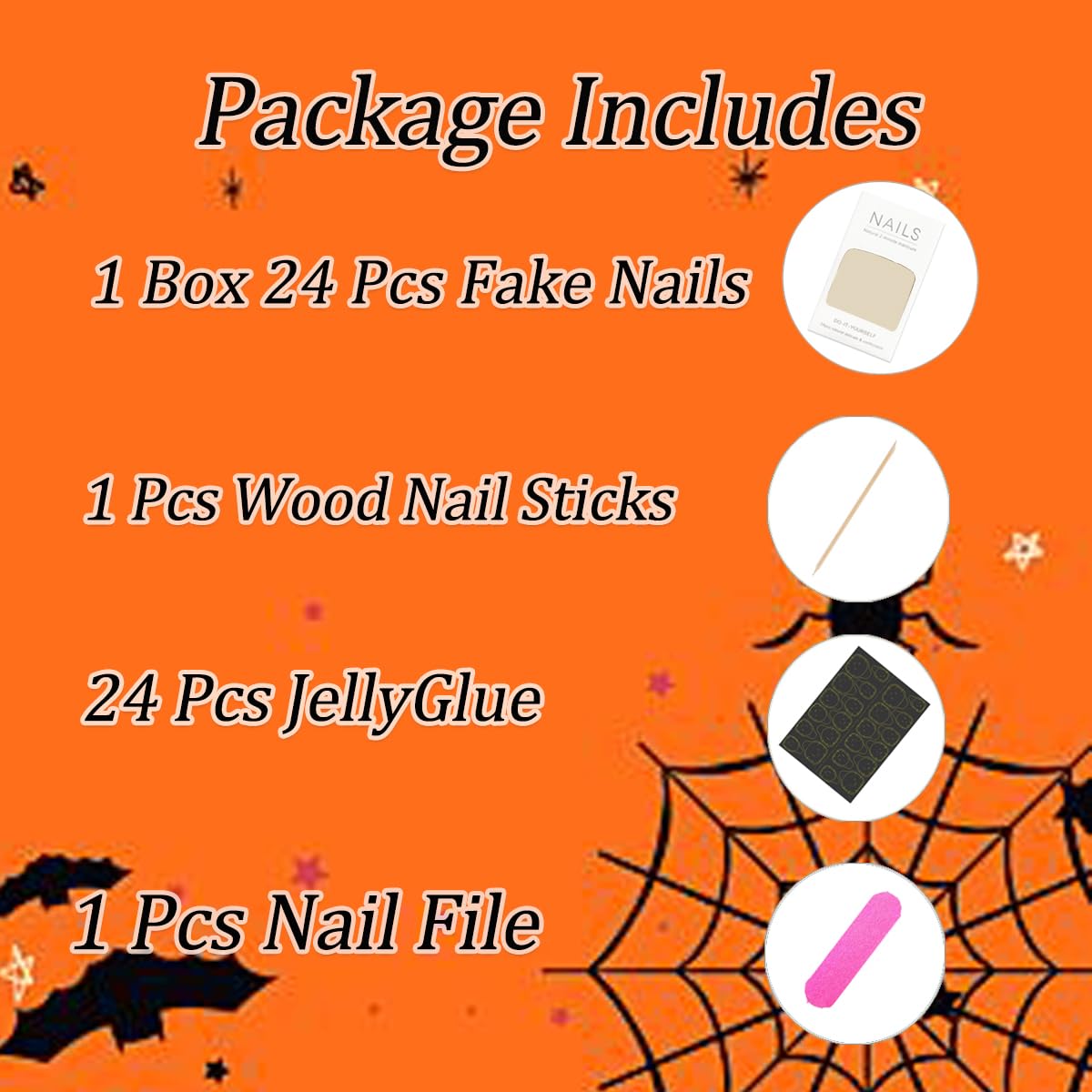 Halloween Long Press on Nails French Tip Fake Nails Full Cover Nude Pink Artificial on Nails Spider and Spider Web Bat Nail Design Acrylic False Nails Holiday Nails for Women DIY Nails 24Pcs