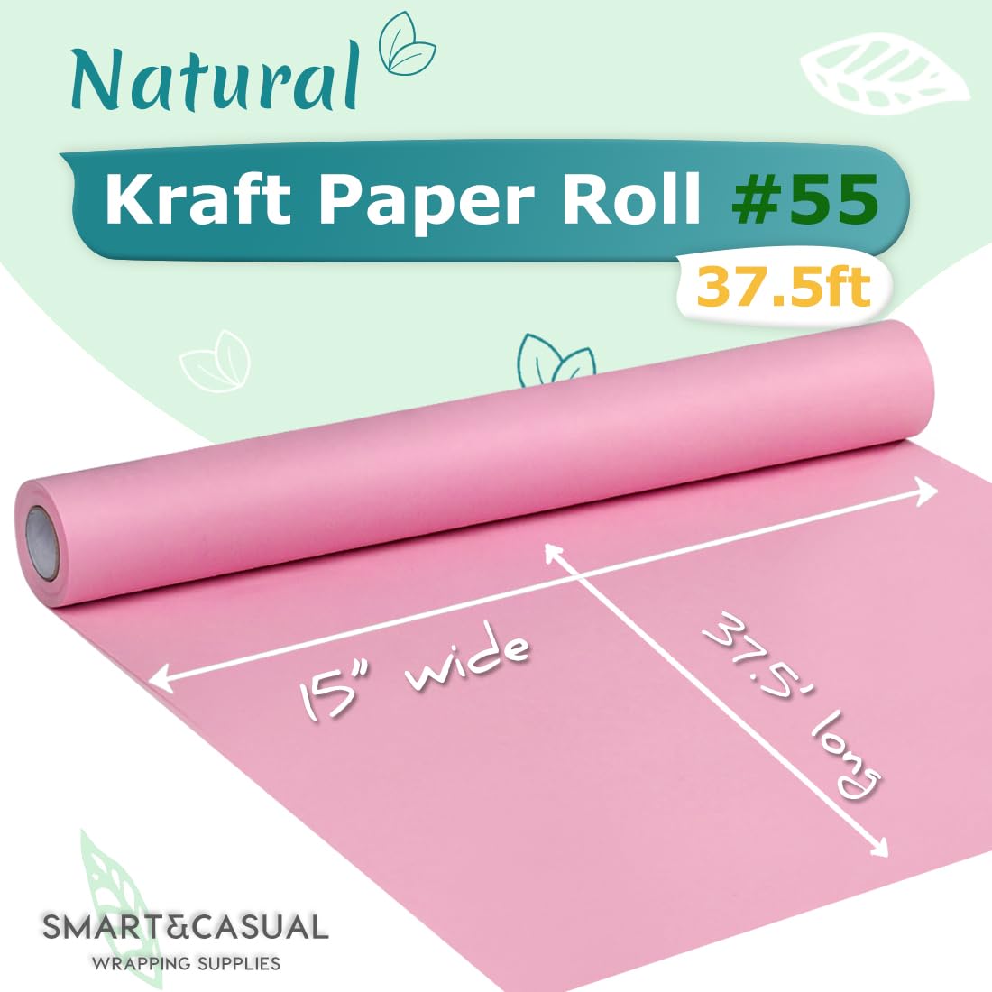 SMART&CASUAL 15" x 450" (37.5') Kraft Paper Roll for Art Craft Supplies Gift Wrapping Moving Packing Kids Painting Drawing Paint Easel Poster Chart Paper (Light Pink, 15"W x 450"L (37.5'))