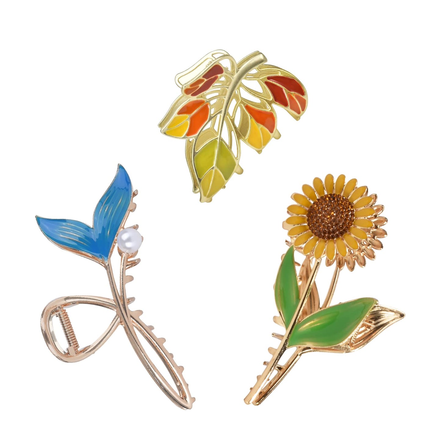 Yonchic 3-Piece Flower Metal Hair Clips, Muticolor Leaves Hair Claw for Thin/Medium Thick Hair, Elegant Sunflower Floral Barrettes Strong Hold Clamps Non-Slip Cute Fish Tail Claws Accessories