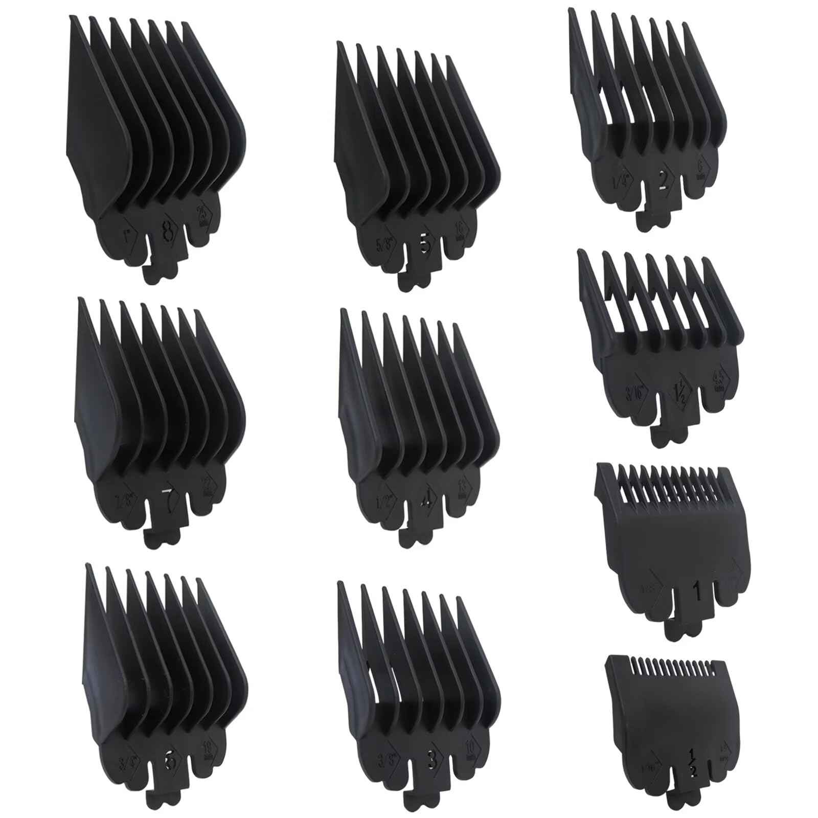WELURE 10Pcs Clipper Guards Set Replacement for Limural K11S/ Novah HCL-001/ Surker K7S/K9C/K9S - 1/16" to 1" - Black